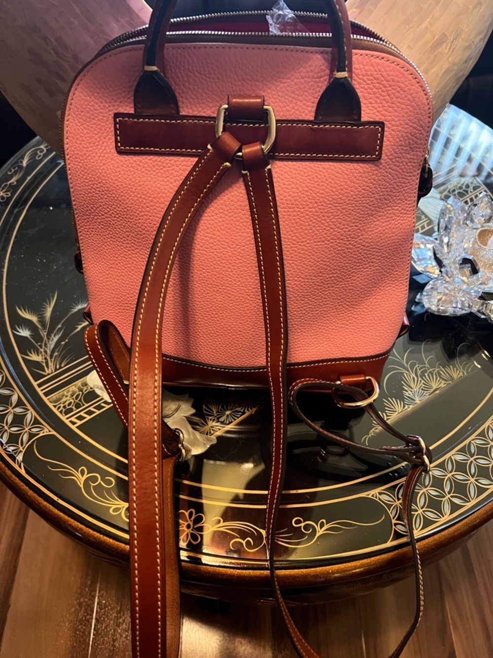 Dooney & Bourke Pink Leather Backpack with Brown Trim and Gold Hardware